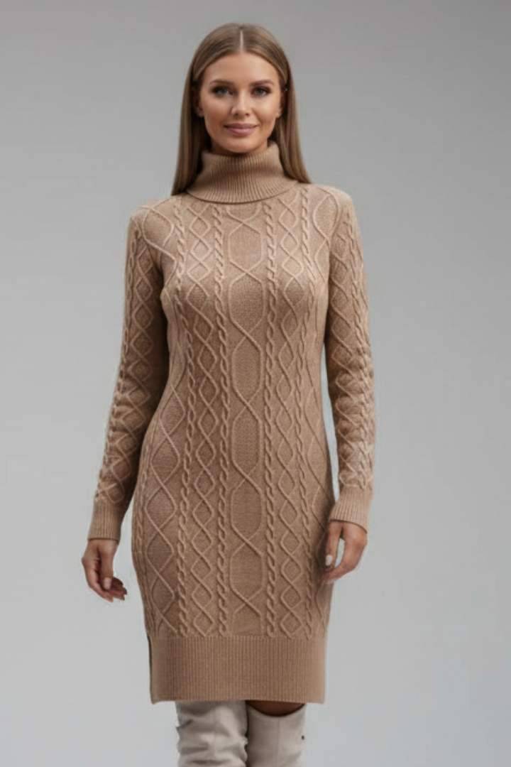 Marigold | Women’s Mini Dress with Roll Neck and Cable Pattern
