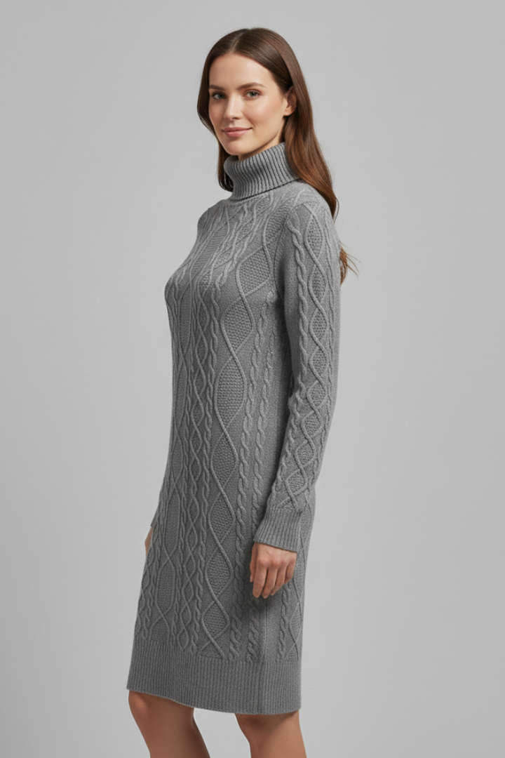 Marigold | Women’s Mini Dress with Roll Neck and Cable Pattern