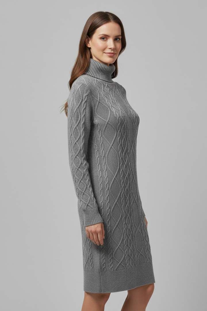 Marigold | Women’s Mini Dress with Roll Neck and Cable Pattern