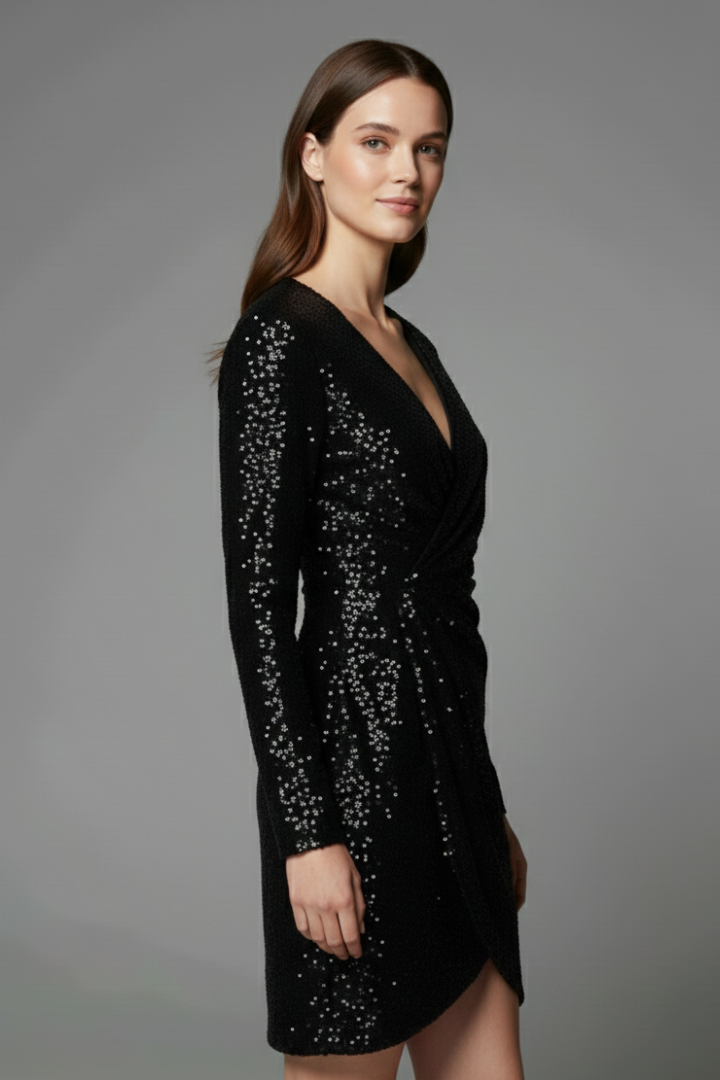 Modesta | Women’s Mini Dress with V Neckline and Sequin Surface