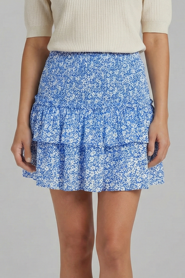 Dame Mini Nederdel med Shirred Talje og Flæse Layers