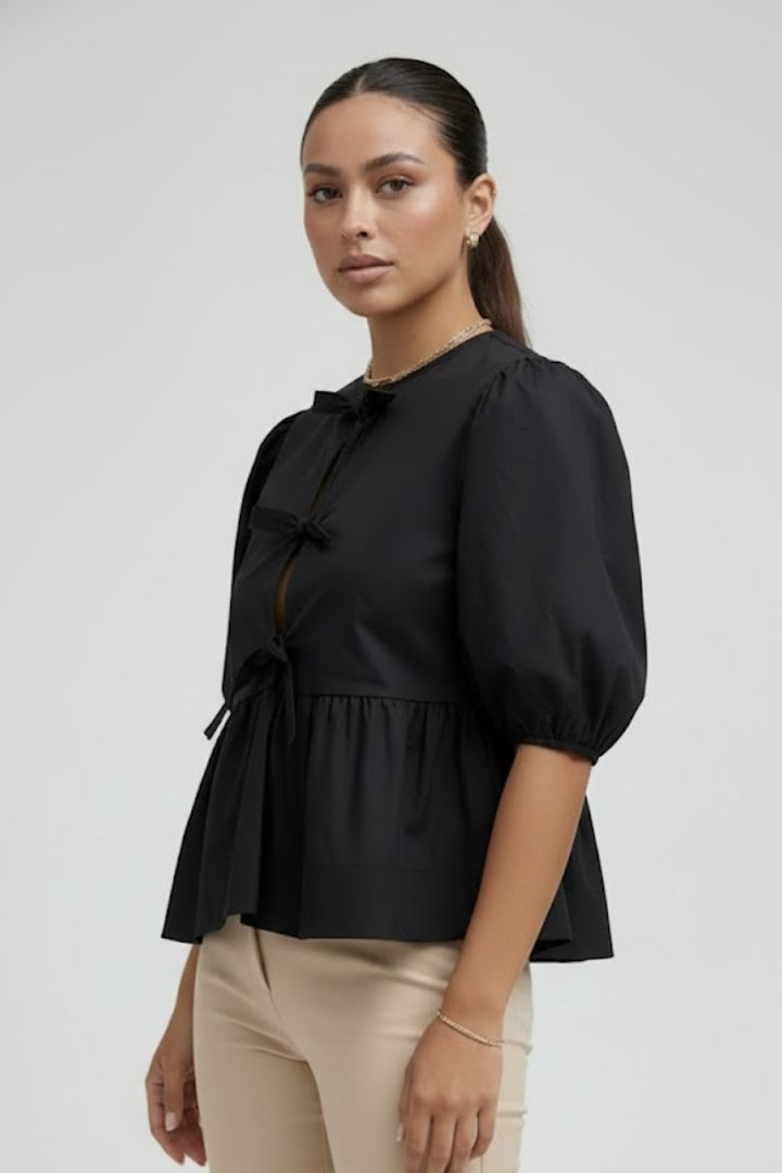 Dame Peplum Bluse med Pufærmer