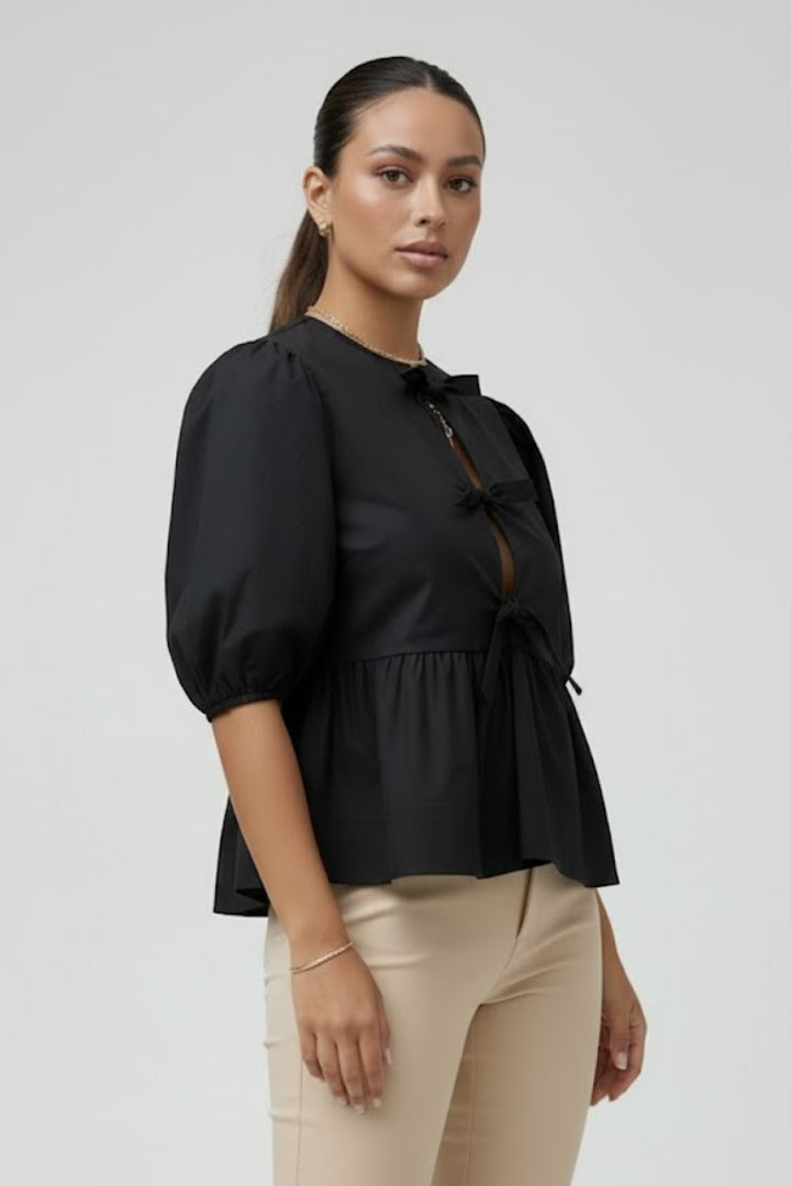 Dame Peplum Bluse med Pufærmer