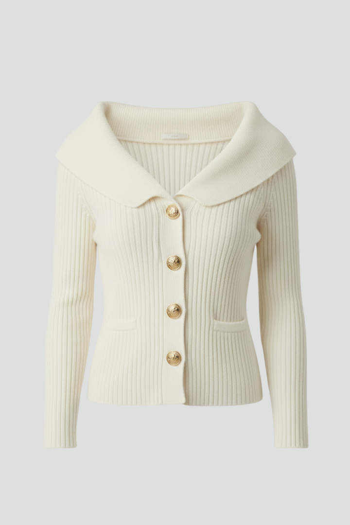 Elvina | Women’s Ribbed Cardigan with Foldover Neckline and Button-Front Design