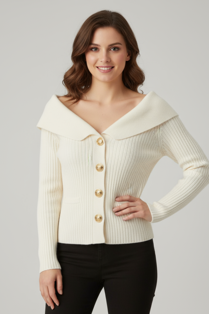Elvina | Women’s Ribbed Cardigan with Foldover Neckline and Button-Front Design