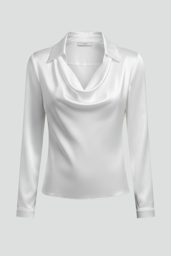 April | Women’s Satin Blouse with Draped Collar and Long Sleeves