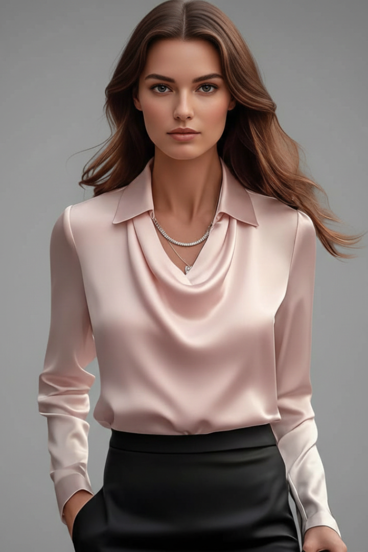 April | Women’s Satin Blouse with Draped Collar and Long Sleeves