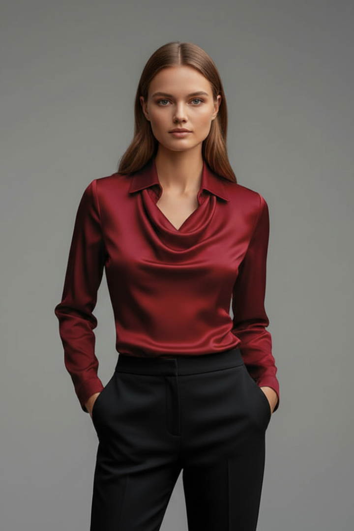 April | Women’s Satin Blouse with Draped Collar and Long Sleeves