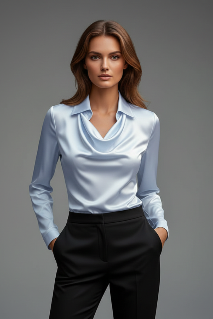 April | Women’s Satin Blouse with Draped Collar and Long Sleeves