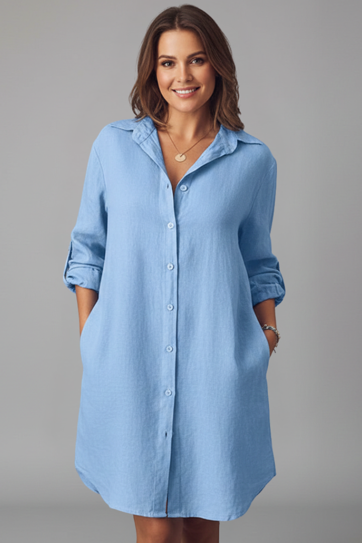 Women’s Shirt Dress with Turned Collar and Button Closure