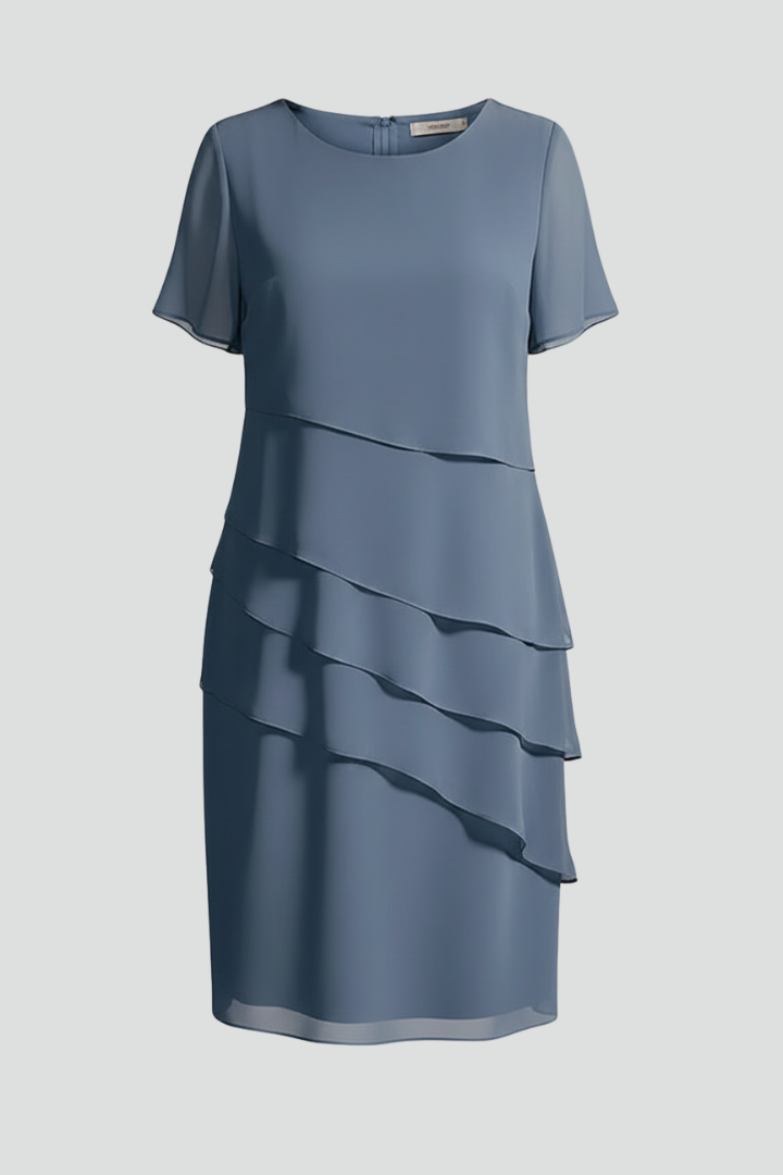 Damen Kurzarmkleid mit Lagen-Front – Elegantes Tageskleid mit geradem Saum