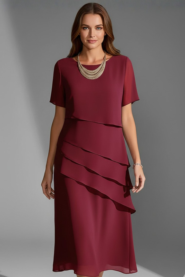 Damen Kurzarmkleid mit Lagen-Front – Elegantes Tageskleid mit geradem Saum