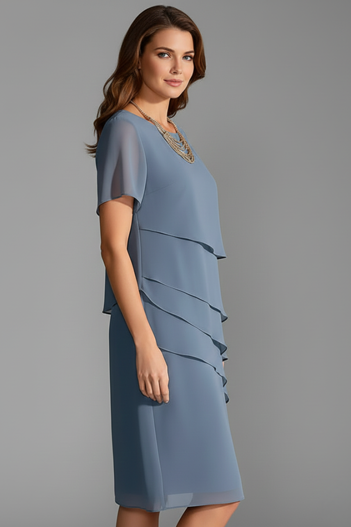 Damen Kurzarmkleid mit Lagen-Front – Elegantes Tageskleid mit geradem Saum