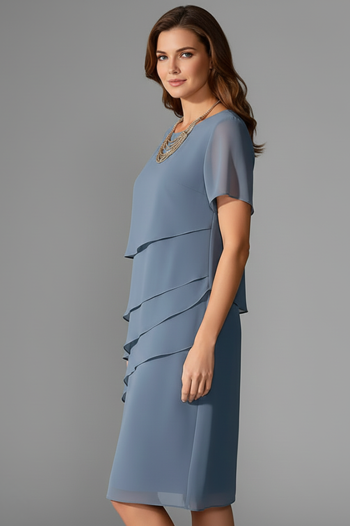 Damen Kurzarmkleid mit Lagen-Front – Elegantes Tageskleid mit geradem Saum