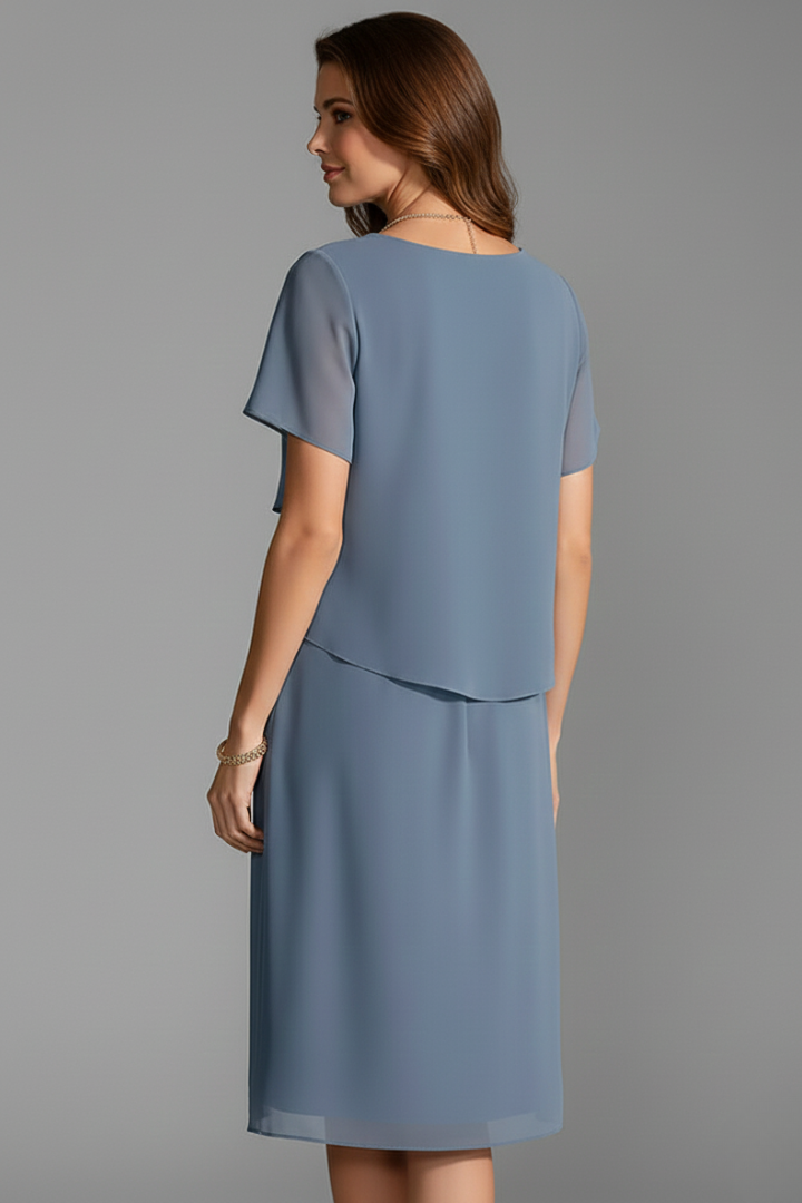 Damen Kurzarmkleid mit Lagen-Front – Elegantes Tageskleid mit geradem Saum