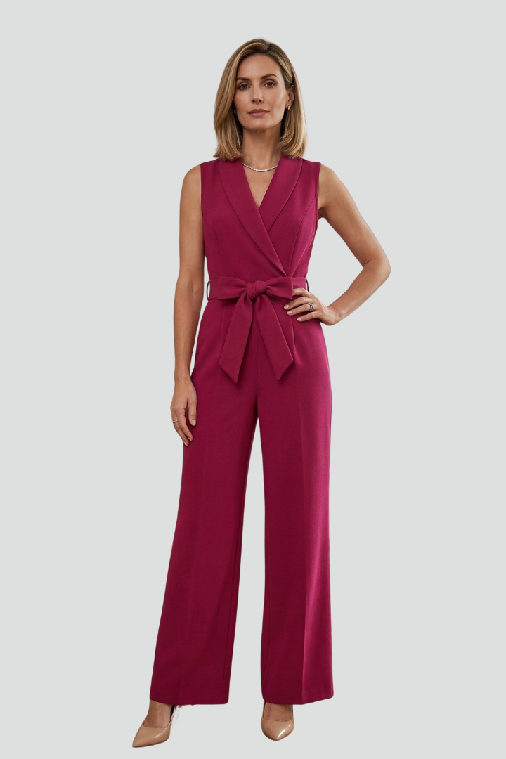 Dame ærmeløs jumpsuit med V-udskæring og bindebånd i taljen