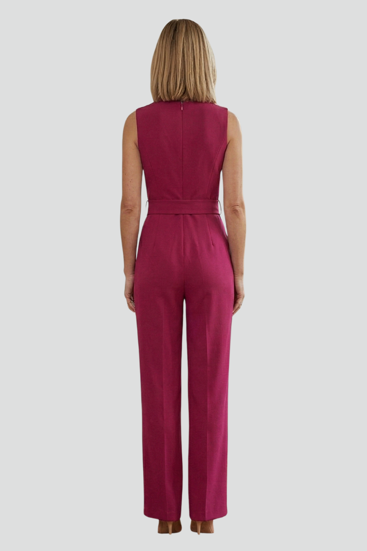 Dame ærmeløs jumpsuit med V-udskæring og bindebånd i taljen