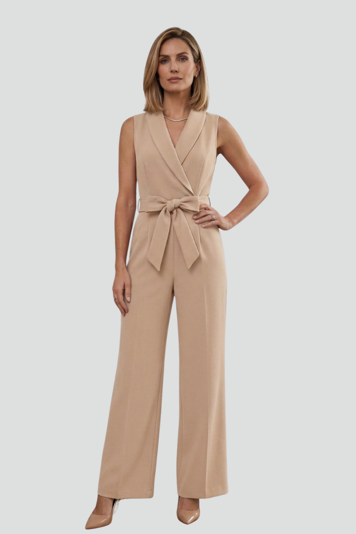 Dame ærmeløs jumpsuit med V-udskæring og bindebånd i taljen