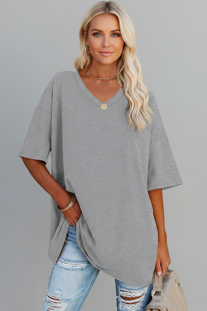 Dame T-shirt med V-udskæring og korte ærmer