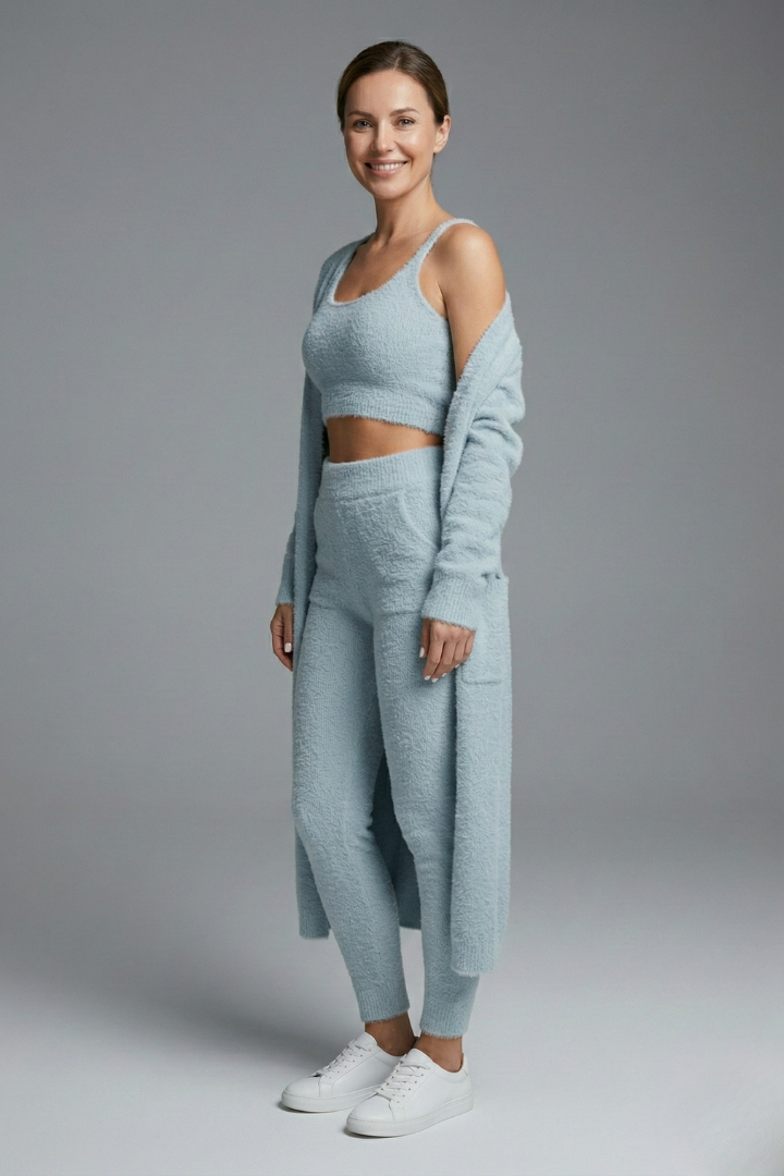 Dame tredelt sæt med croptop og åben cardigan