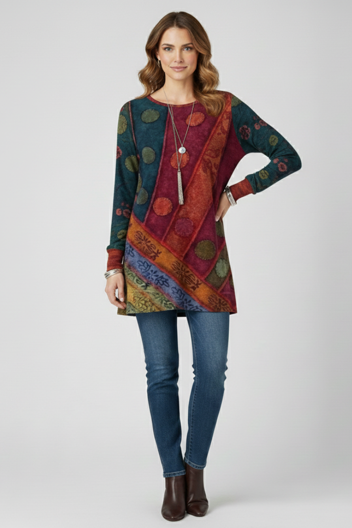 Dame tunika top med patchwork-mønster og ribmanchetter