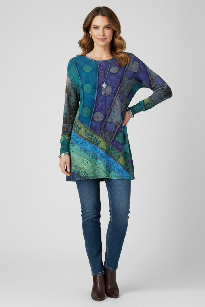 Dame tunika top med patchwork-mønster og ribmanchetter
