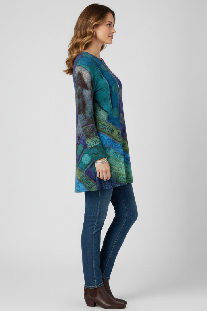 Dame tunika top med patchwork-mønster og ribmanchetter