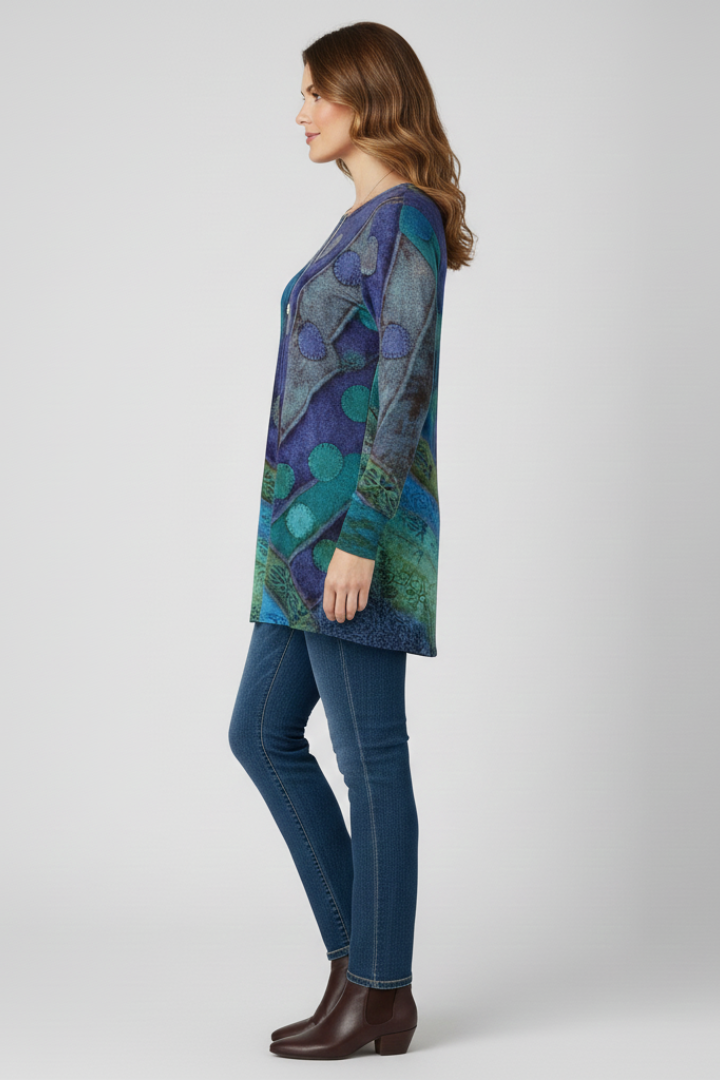 Dame tunika top med patchwork-mønster og ribmanchetter