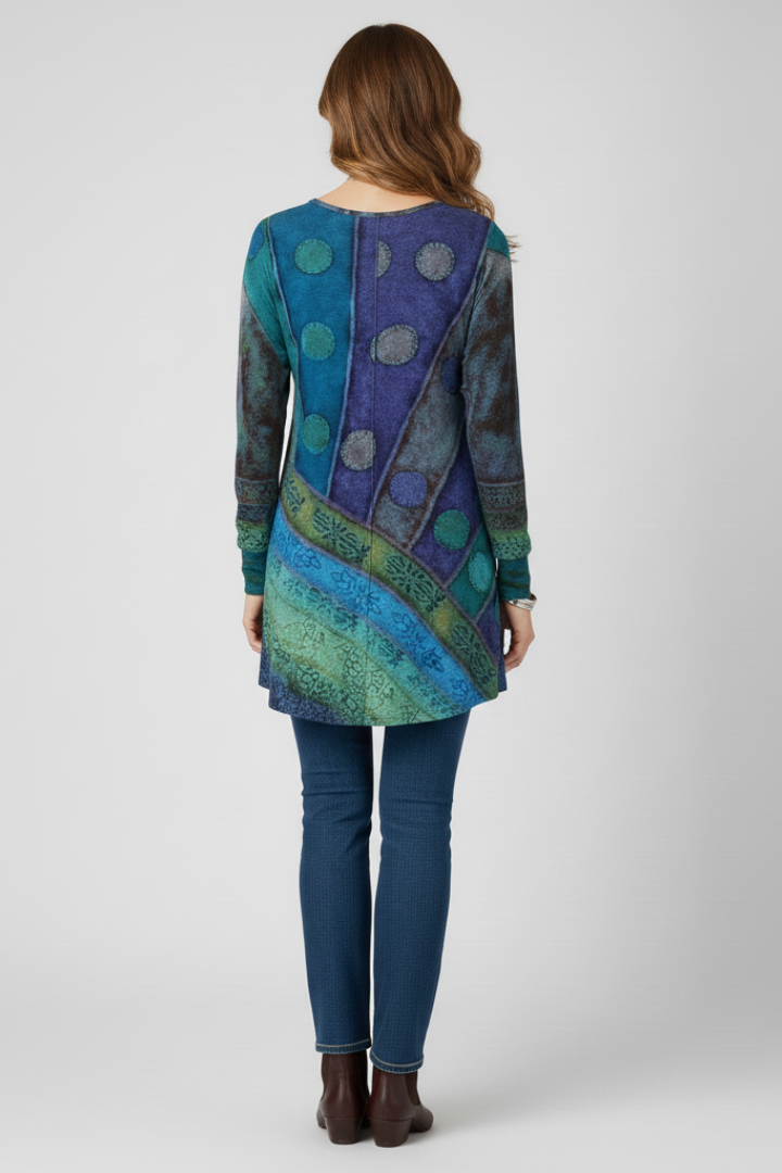 Dame tunika top med patchwork-mønster og ribmanchetter