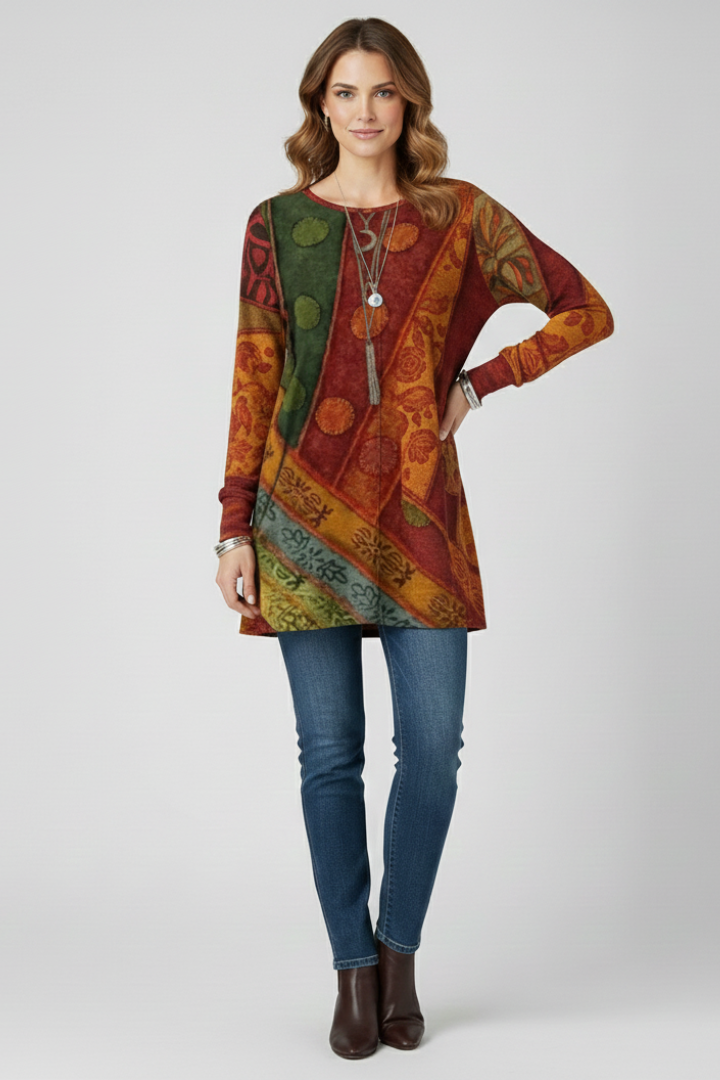 Dame tunika top med patchwork-mønster og ribmanchetter