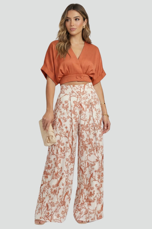 Elodie | Women’s Two-Piece Set with V-Neck Top and Wide-Leg Trousers