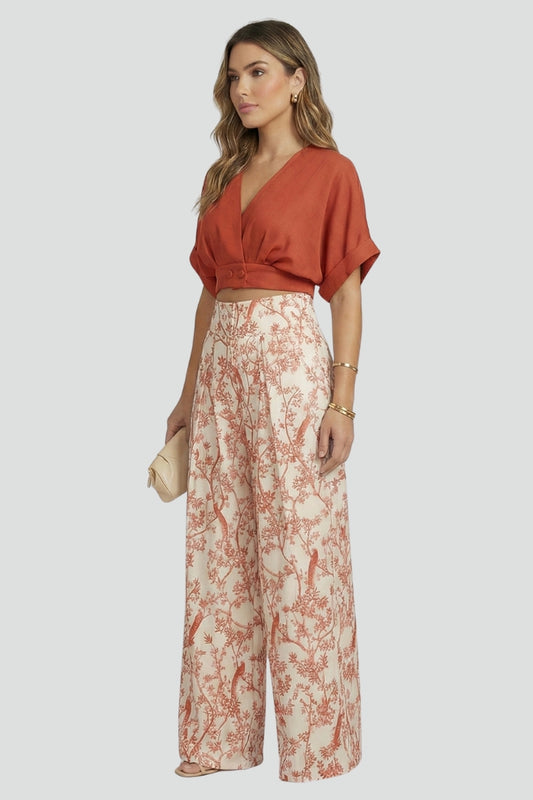 Elodie | Women’s Two-Piece Set with V-Neck Top and Wide-Leg Trousers