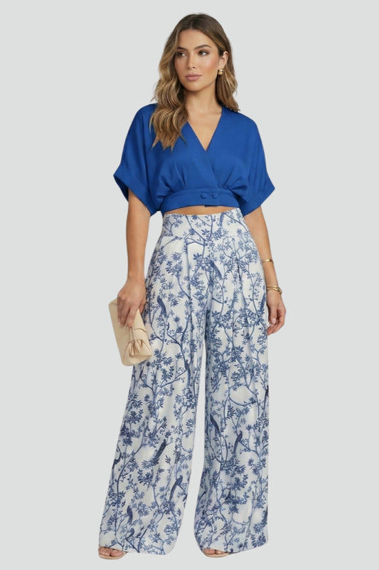 Elodie | Women’s Two-Piece Set with V-Neck Top and Wide-Leg Trousers