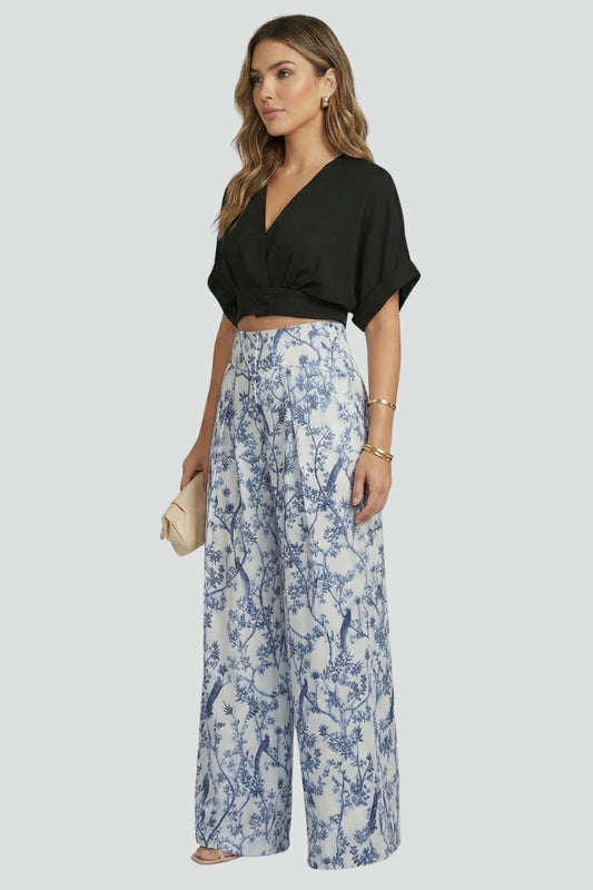 Elodie | Women’s Two-Piece Set with V-Neck Top and Wide-Leg Trousers