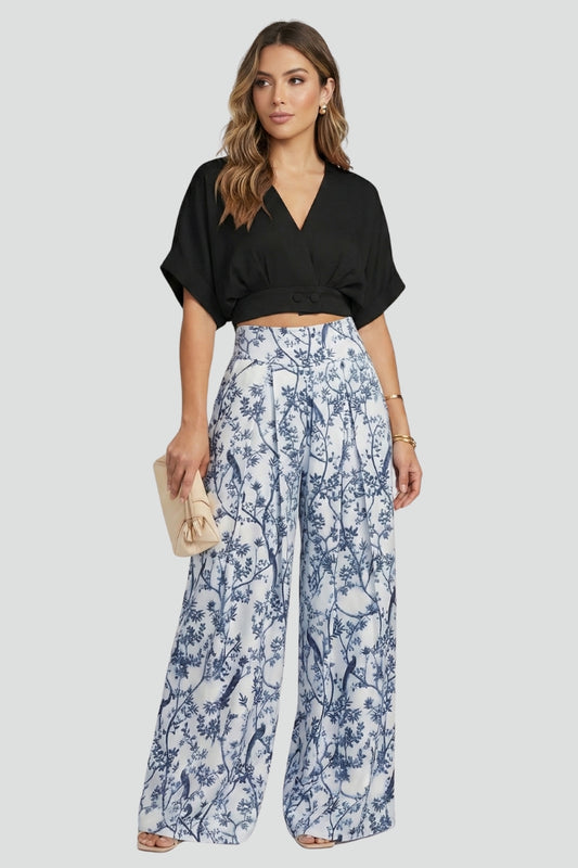 Elodie | Women’s Two-Piece Set with V-Neck Top and Wide-Leg Trousers