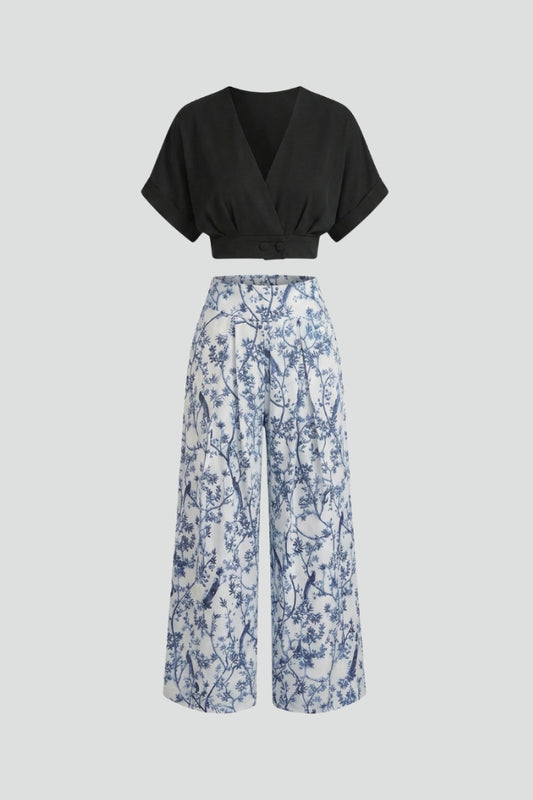 Elodie | Women’s Two-Piece Set with V-Neck Top and Wide-Leg Trousers