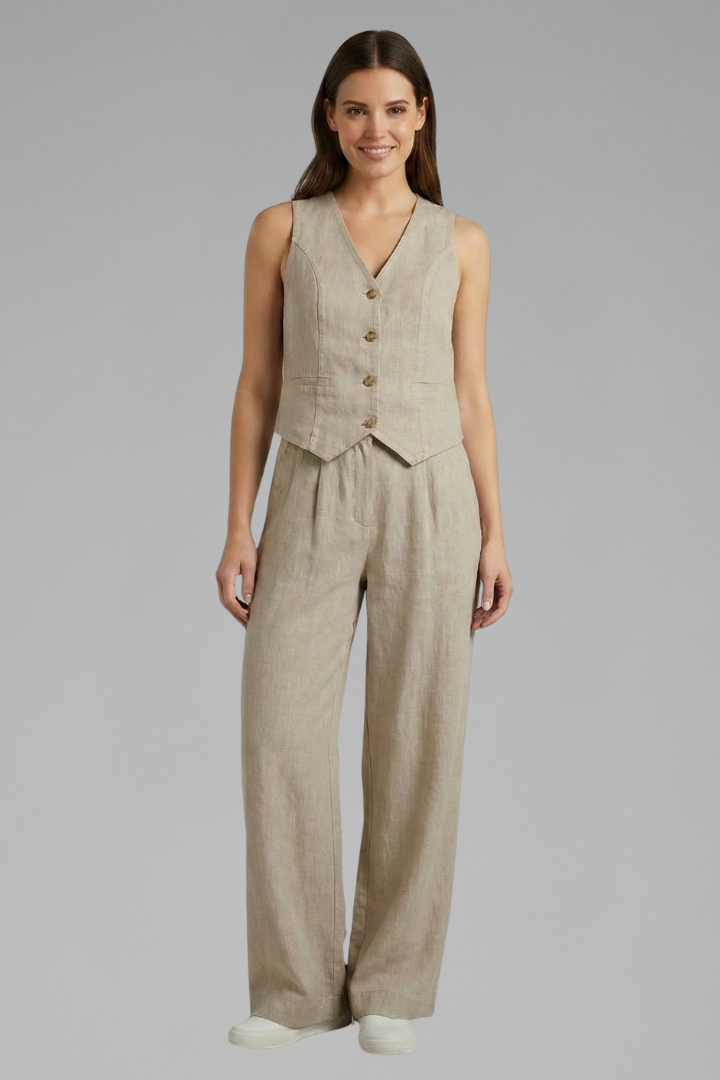 Dove | Women’s Two-Piece Set with V-Neck Waistcoat and Wide Trousers