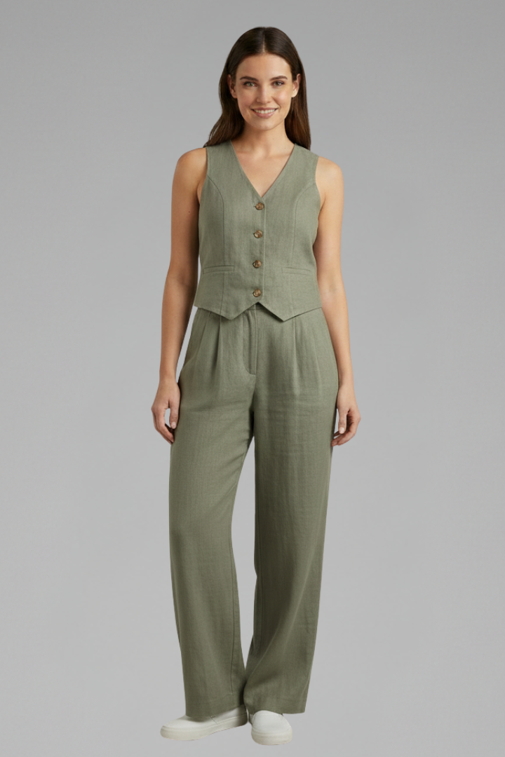 Dove | Women’s Two-Piece Set with V-Neck Waistcoat and Wide Trousers