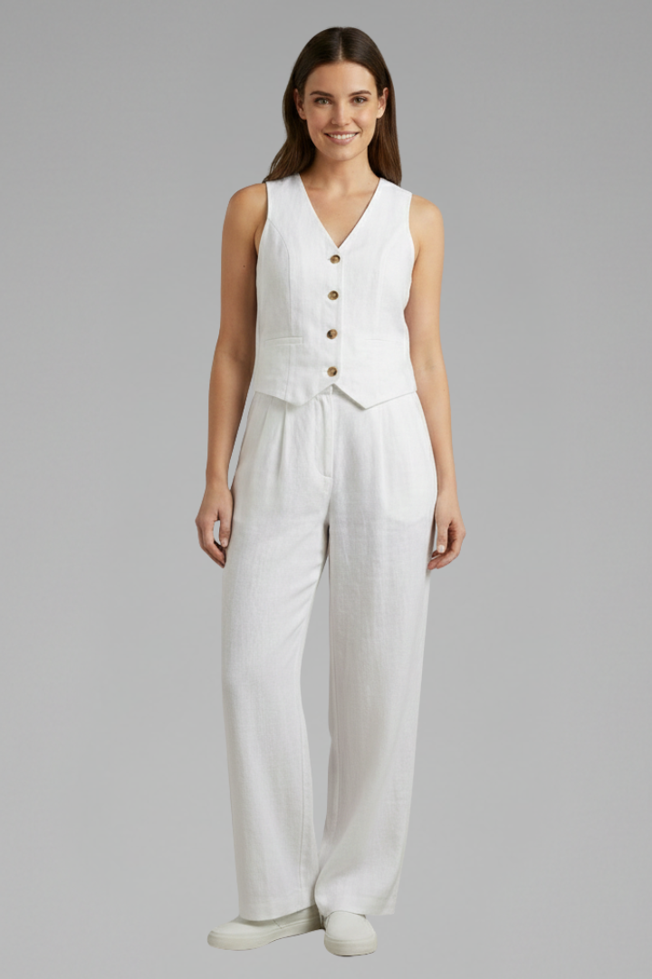 Dove | Women’s Two-Piece Set with V-Neck Waistcoat and Wide Trousers