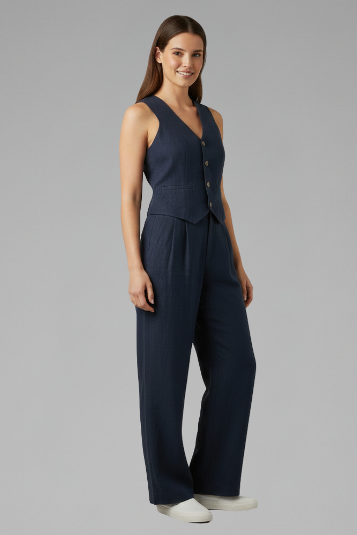 Dove | Women’s Two-Piece Set with V-Neck Waistcoat and Wide Trousers