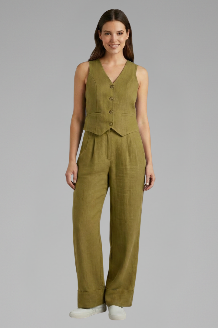 Dove | Women’s Two-Piece Set with V-Neck Waistcoat and Wide Trousers