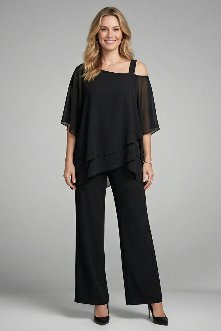 Scholastica | Women’s Two Piece Set with Asymmetrical Top and Wide Leg Trousers