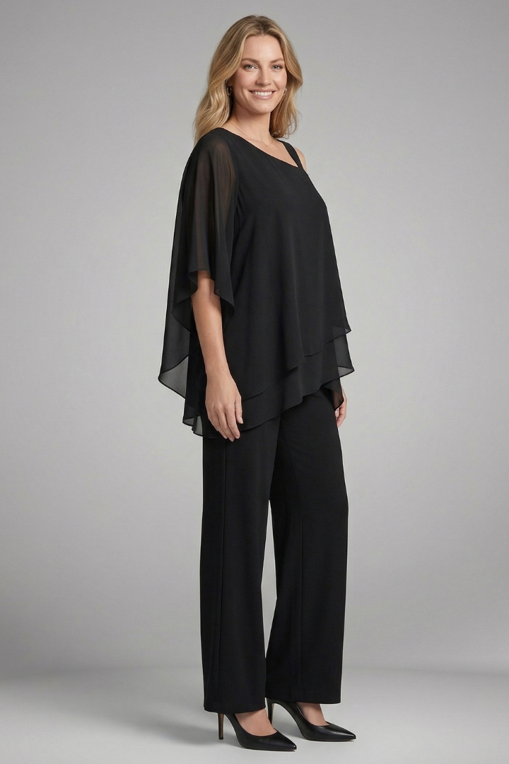 Scholastica | Women’s Two Piece Set with Asymmetrical Top and Wide Leg Trousers