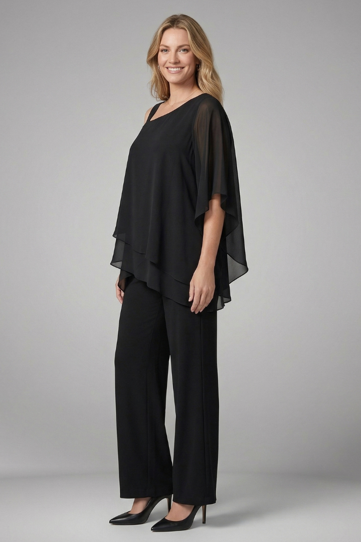 Scholastica | Women’s Two Piece Set with Asymmetrical Top and Wide Leg Trousers