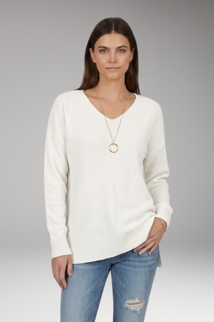 Corinna | Women’s V-Neck Textured Knit Sweater with Chevron Pattern and Long Sleeves
