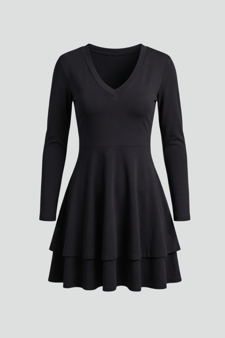 Women’s Short Dress with V-Neck and Long Sleeves