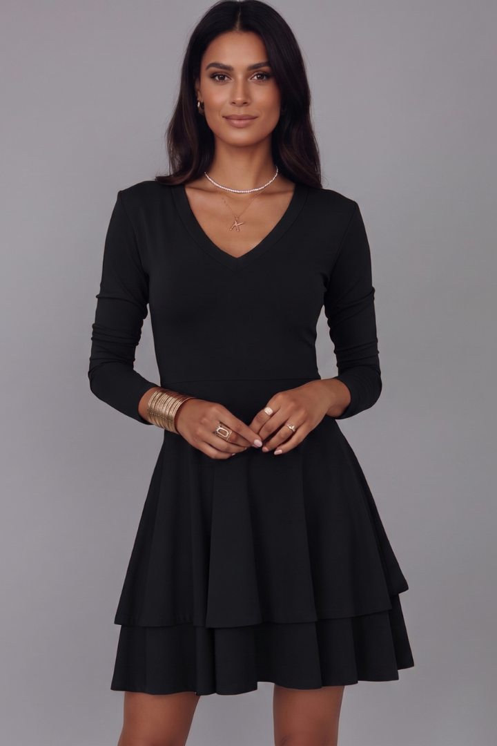 Women’s Short Dress with V-Neck and Long Sleeves