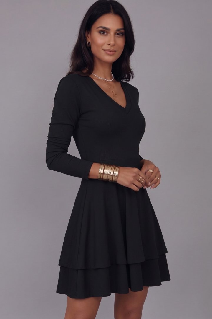 Women’s Short Dress with V-Neck and Long Sleeves