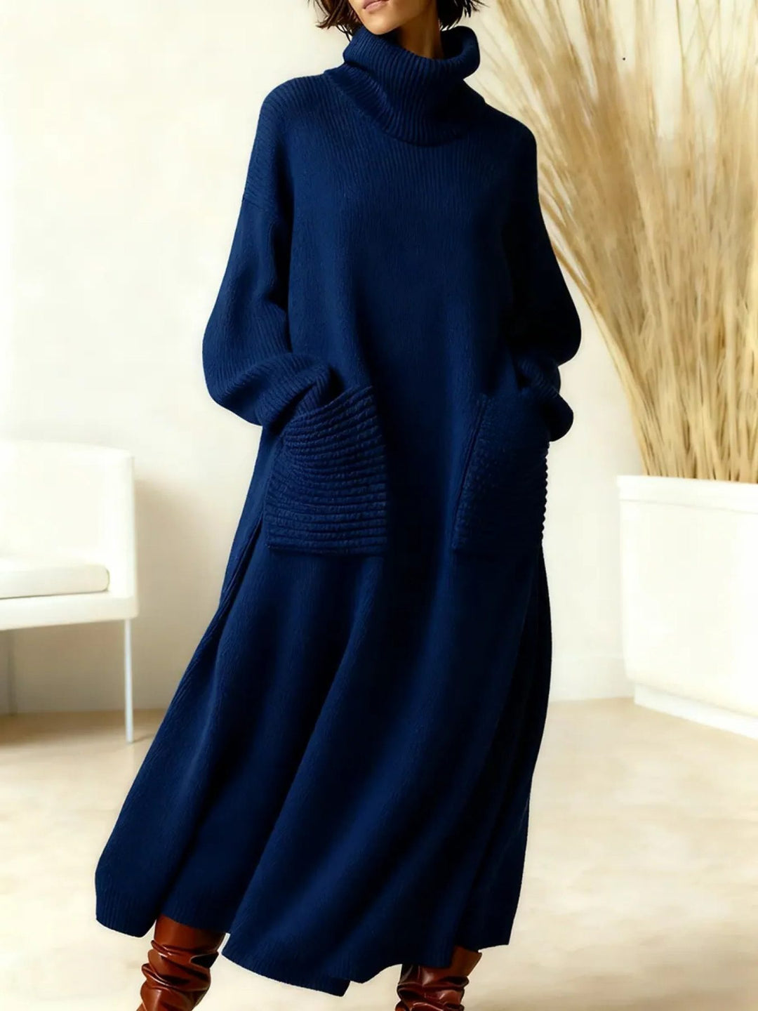 Adrianne | Women's Ribbed Knit Oversized Maxi Dress with Roll Neck