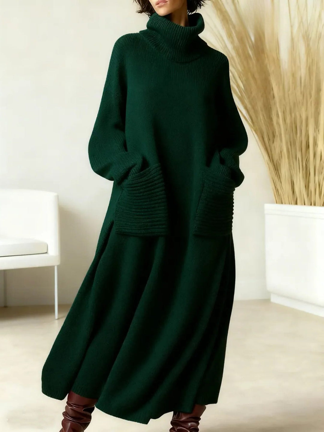 Adrianne | Women's Ribbed Knit Oversized Maxi Dress with Roll Neck